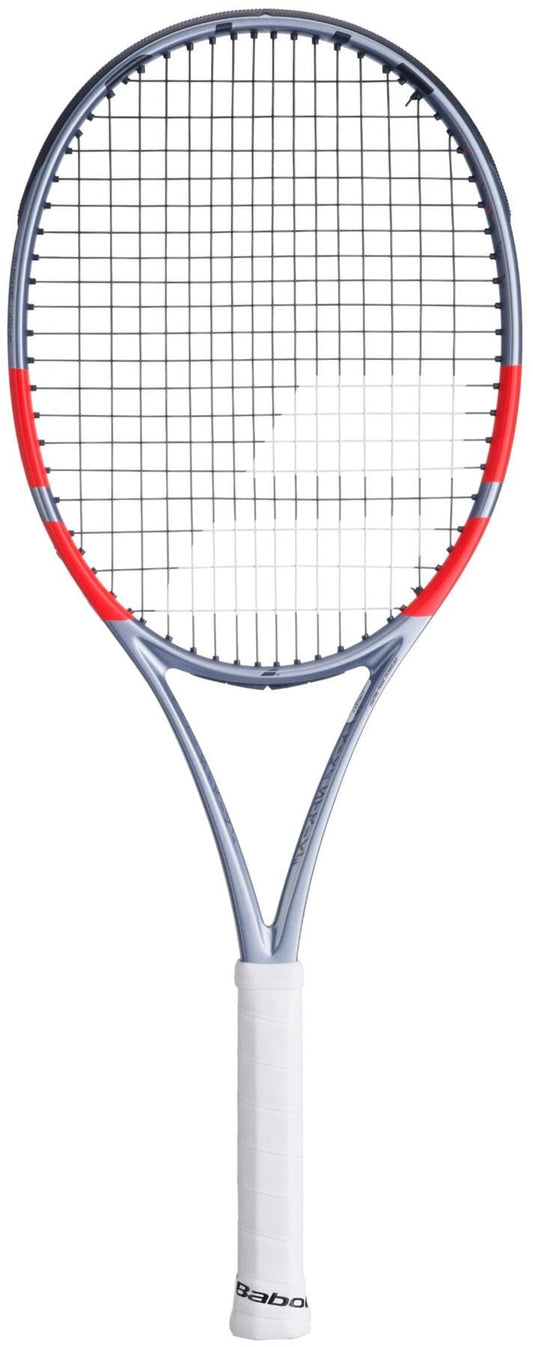 The Babolat Pure Strike Team Gen4 Tennis Racket by Babolat features a silver and red frame, black strings, and a white grip, displayed on a plain white background.