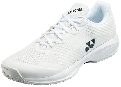 The Yonex Power Cushion Sonicage 2025 Mens Tennis Shoes in white feature a textured sole, logo and brand name on the tongue and side, a breathable mesh upper, Power Cushion technology, and a sleek, lightweight design.