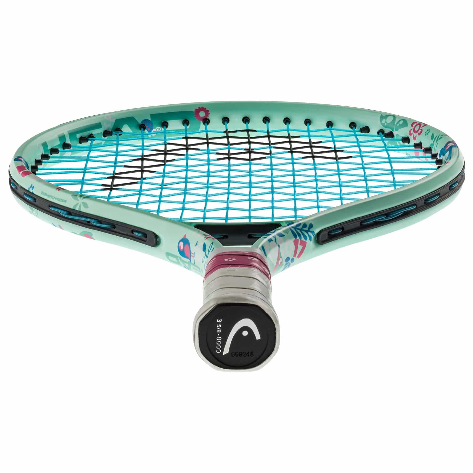 The HEAD Coco 17 Junior Tennis Racket by HEAD features a teal frame with floral and animal patterns, blue strings, and a round black butt cap, shown from the handle end.