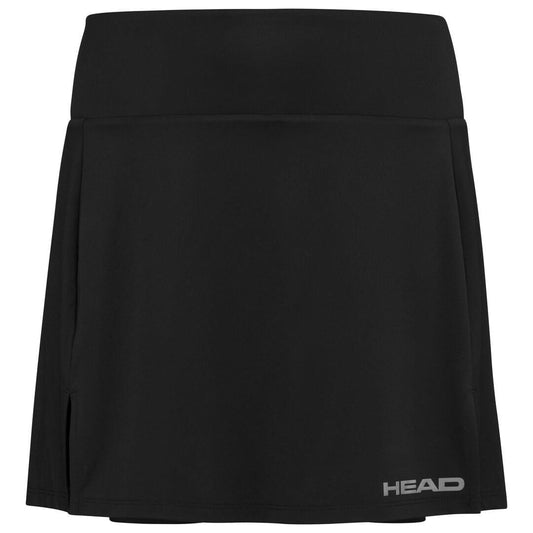 The HEAD Women's Club Basic Tennis Skort Long in black features the iconic "HEAD" logo at the bottom right, delivering a sleek appearance ideal for any court. Made with moisture transfer microfibre, it ensures you remain cool and comfortable throughout your game.