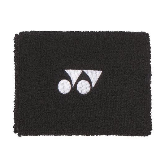 Yonex AC492 Wristband in black, featuring a white logo with two circles and a triangular design, crafted for maximum performance on the court.