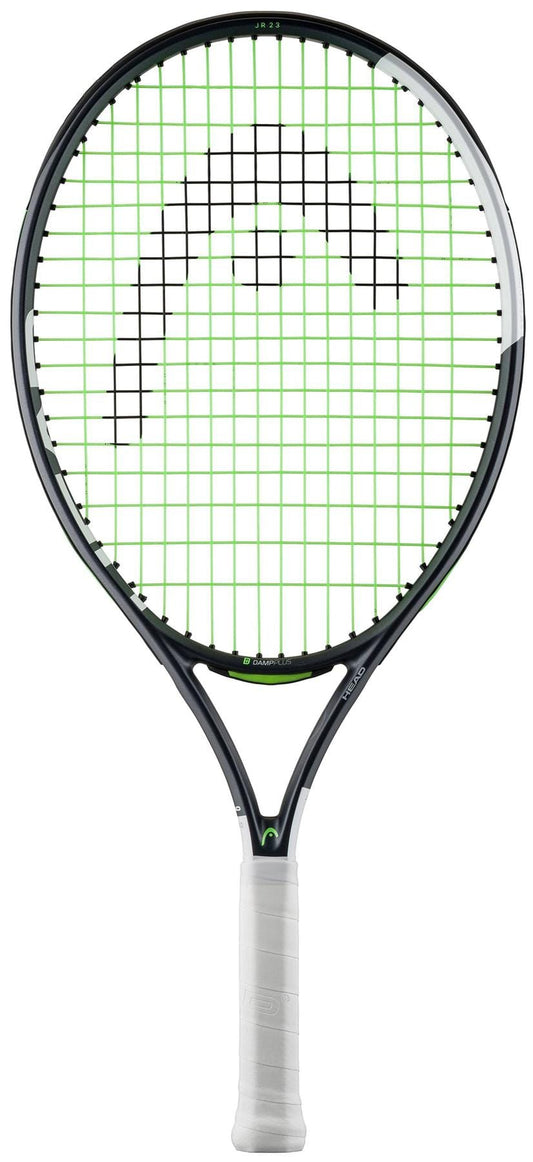 The HEAD IG Speed Junior 23 2026 Tennis Racket is a black kids' racket with green strings, a white grip, and a large stylized logo on its lightweight graphite frame.