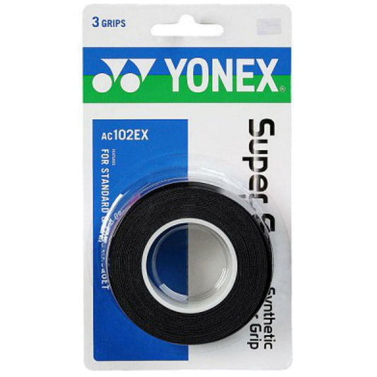 The Yonex AC102EX Super Grap Tennis Overgrip - 3 Pack - Black is perfect for optimal sweat absorption. This product from Yonex includes three black overgrips, encased in transparent plastic and features packaging with a sleek white design accented in blue and green, making it ideal for standard rackets.