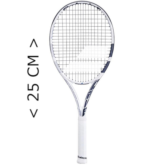 The Babolat Mini Pure Drive Wimbledon Tennis Racket, with white handle and strings and a 25 cm marker, is an ideal souvenir for tennis enthusiasts, capturing the precision and elegance of Wimbledon.