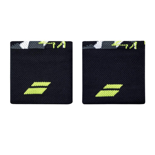 Two grey Babolat Logo Wristbands showcase a striking aero geometric design. The top edge features a vibrant mix of grey, white, and aero patterns for added flair. These high-absorption tennis accessories are displayed side by side on a crisp white background.