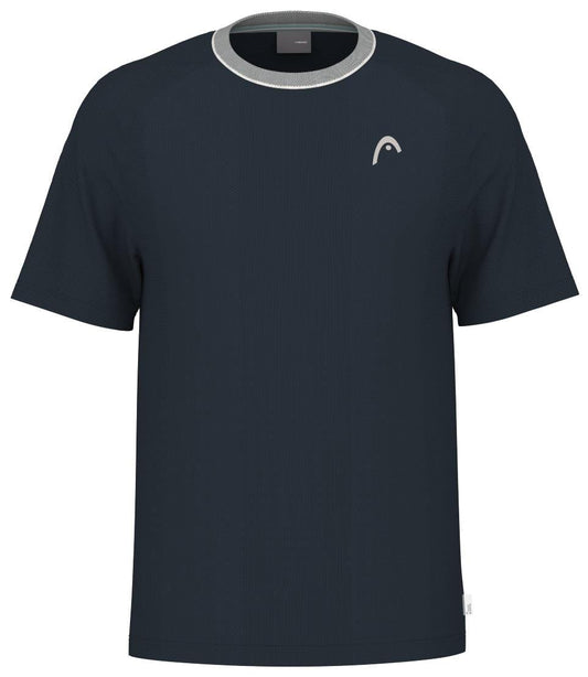 The navy HEAD Performance Men's Tennis T-Shirt features gray collar accents, innovative Moisture Transfer Microfiber technology, and a small white logo on the left chest.