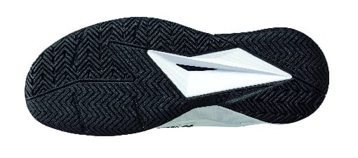 The image displays the sole of the Yonex Power Cushion Eclipsion 5 Men's Tennis Shoes in white, featuring a black and white design. The tread pattern showcases a zigzag texture that provides excellent grip and traction.