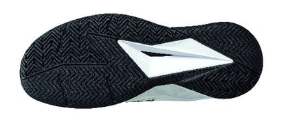 The image displays the sole of the Yonex Power Cushion Eclipsion 5 Men's Tennis Shoes in white, featuring a black and white design. The tread pattern showcases a zigzag texture that provides excellent grip and traction.