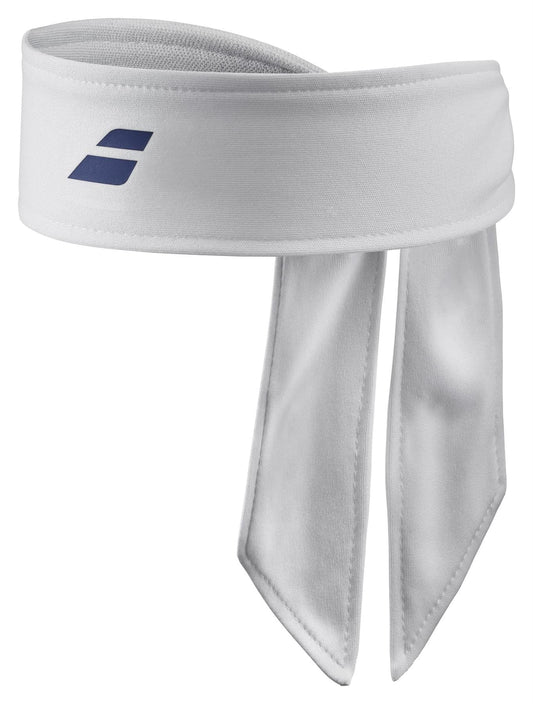 The Babolat Tie Tennis Headband in White/Sodalite Blue features a sleek design with a small navy logo, crafted for sweat absorption. It ties at the back with two tails, providing optimal support for intense activities.