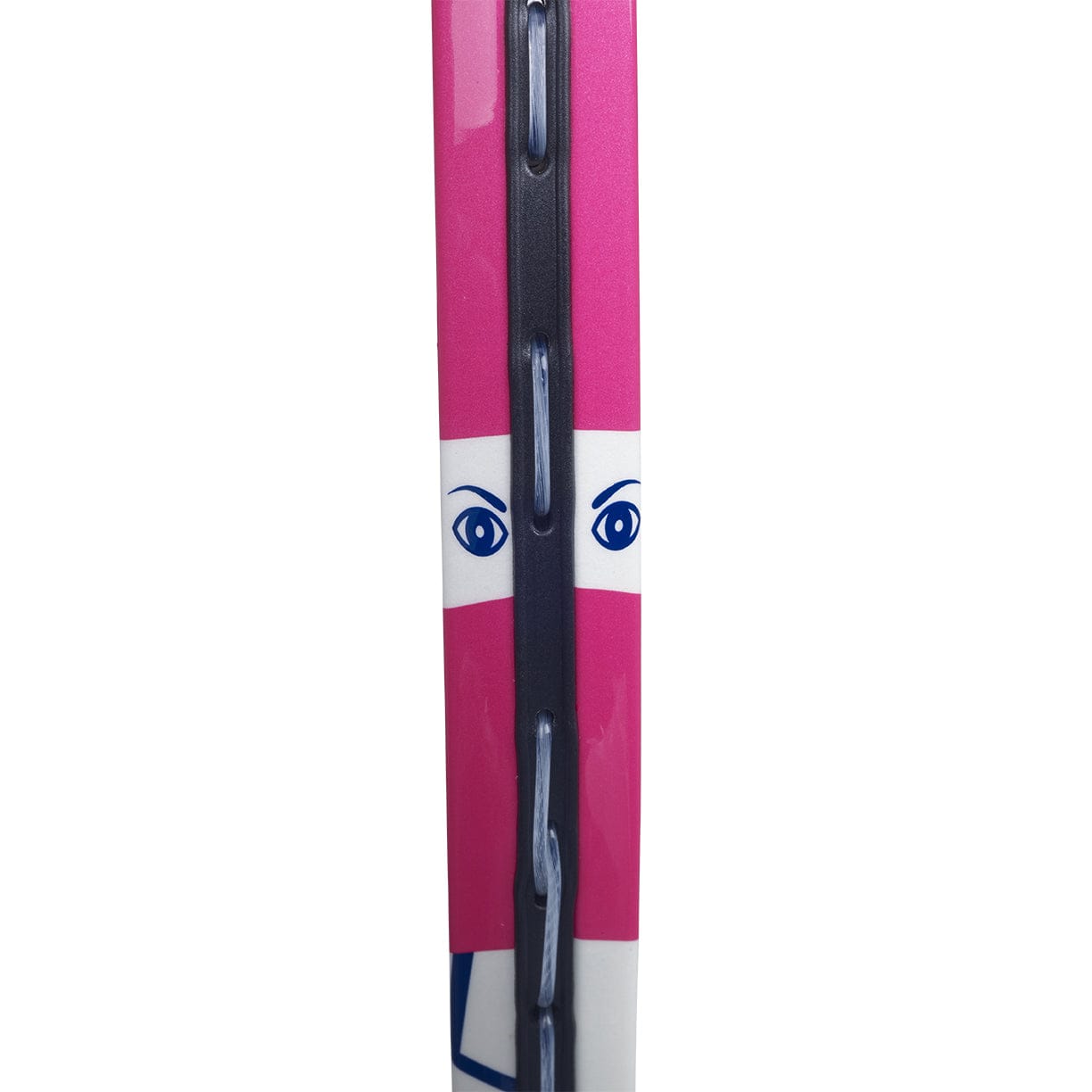This close-up features a pink, black, and white pattern with two stylized blue eyes, resembling the Babolat B-Fly 23 Junior Tennis Racket. A central vertical black line adorned with hooks suggests a beginner-friendly tennis racket design.