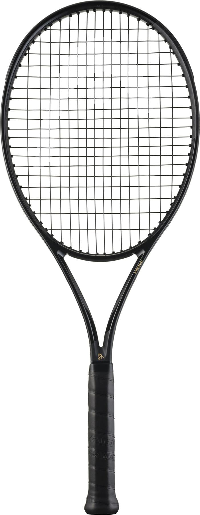 The HEAD Speed MP Legend 2025 Tennis Racket by HEAD, shown upright against a white background, features a black design with a strung grid and wrapped handle, similar to the model used by Novak Djokovic.