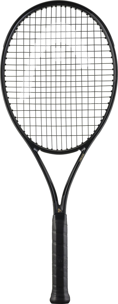 The HEAD Speed MP Legend 2025 Tennis Racket by HEAD, shown upright against a white background, features a black design with a strung grid and wrapped handle, similar to the model used by Novak Djokovic.