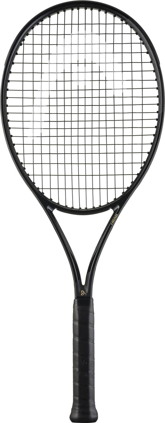 The HEAD Speed MP Legend 2025 Tennis Racket by HEAD, shown upright against a white background, features a black design with a strung grid and wrapped handle, similar to the model used by Novak Djokovic.