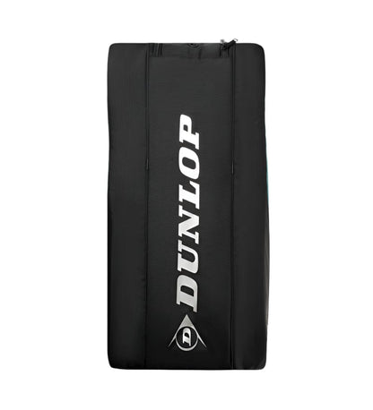 The Dunlop SX Performance 8 Racket Tennis Bag in teal, black, and yellow stands upright with a central silver logo. Featuring two vertical zippers and ergonomic padded shoulder straps, it's ideal for tennis enthusiasts and displayed on a plain white background.