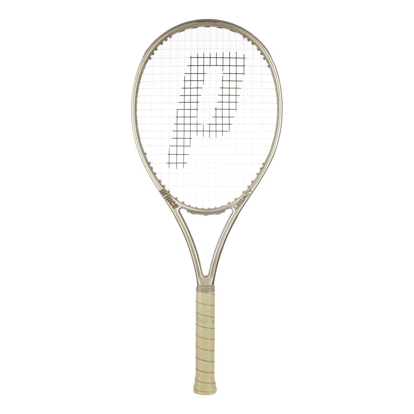 A Prince O3 Legacy 105 2025 Tennis Racket in beige, displaying a large "P" logo and a generous sweetspot, is shown against a plain white background.