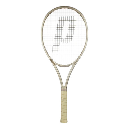 A Prince O3 Legacy 105 2025 Tennis Racket in beige, displaying a large "P" logo and a generous sweetspot, is shown against a plain white background.