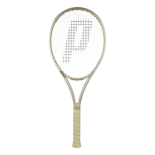 A Prince O3 Legacy 105 2025 Tennis Racket in beige, displaying a large "P" logo and a generous sweetspot, is shown against a plain white background.