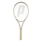 A Prince O3 Legacy 105 2025 Tennis Racket in beige, displaying a large "P" logo and a generous sweetspot, is shown against a plain white background.
