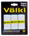 The packaging for the Volkl Super Grip II Tennis Overgrip - 3 Pack - White highlights three overgrips known for their highly tacky texture, ideal for tennis racket handles. The eye-catching black and yellow branding prominently displays the Volkl logo, with "Over Grips" elegantly featured at the bottom.