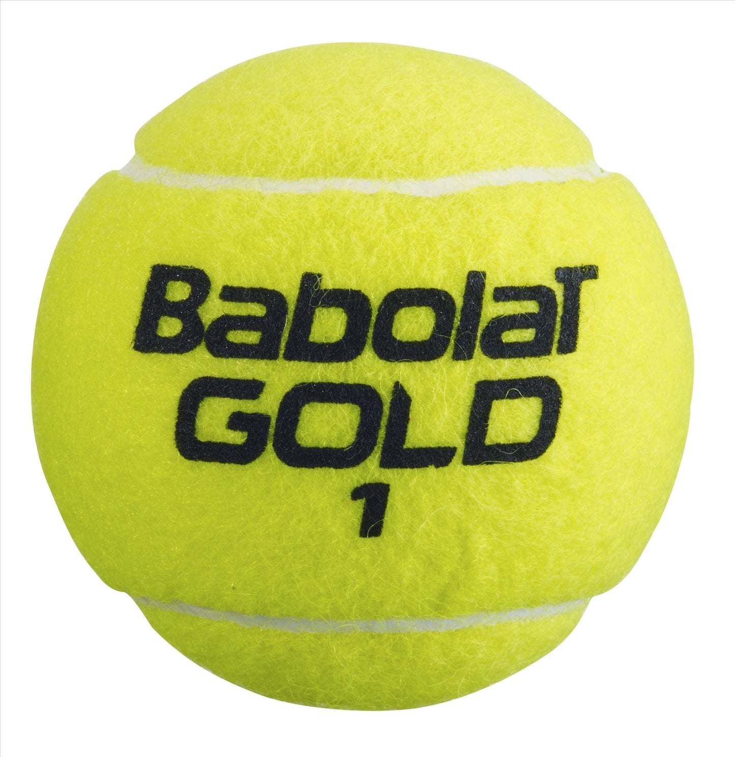A vibrant yellow tennis ball from the Babolat EVO Gold Championship series, displaying "Babolat GOLD 1" in black, designed with visible seams and a subtly textured surface, characteristic of pressurized tennis balls.