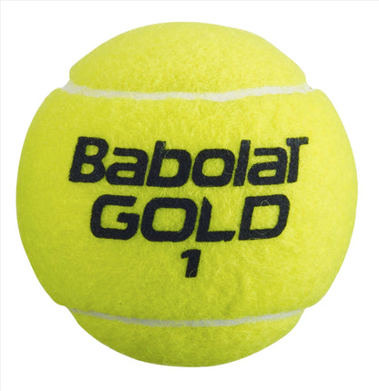 A vibrant yellow tennis ball from the Babolat EVO Gold Championship series, displaying "Babolat GOLD 1" in black, designed with visible seams and a subtly textured surface, characteristic of pressurized tennis balls.