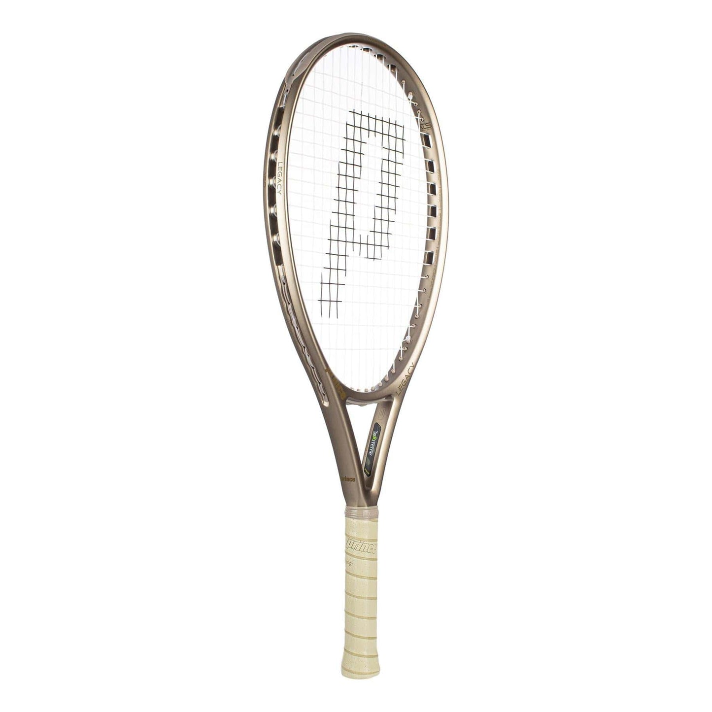 The Prince O3 Legacy 120 2025 Tennis Racket by Prince features a beige frame, white grip handle, a large "P" design in the strings, and an oversized sweetspot. The racket is shown against a plain white background.