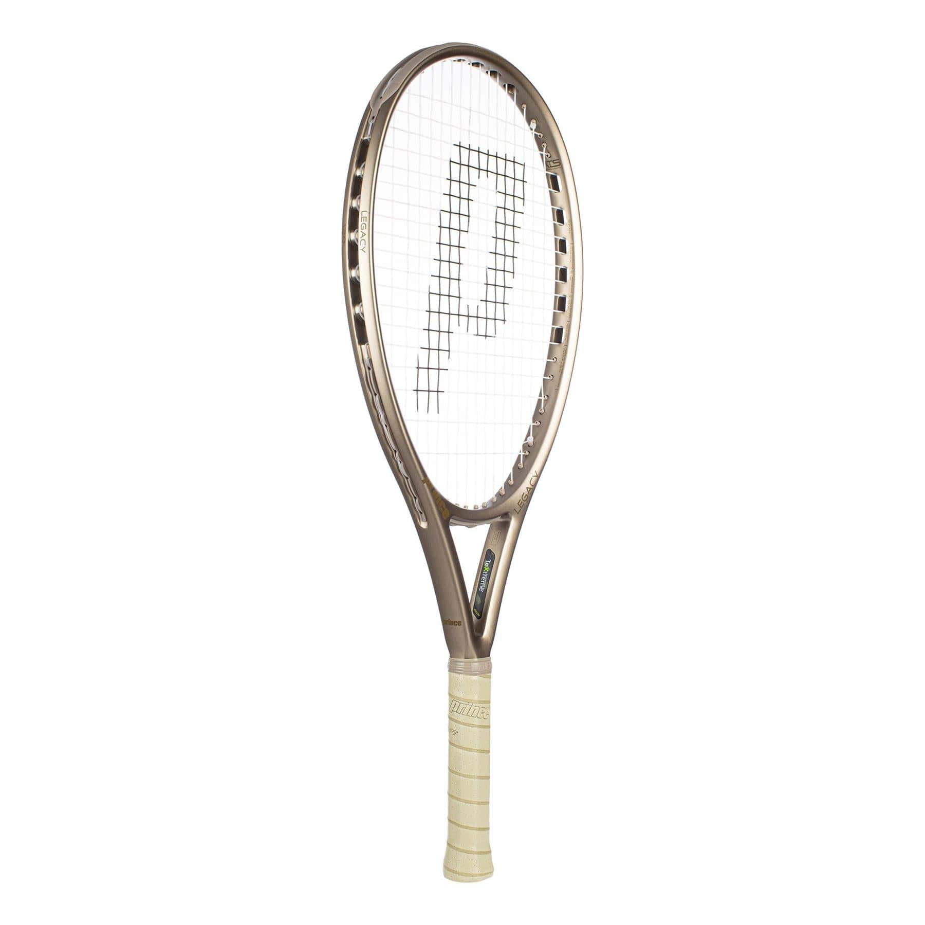 The Prince O3 Legacy 120 2025 Tennis Racket by Prince features a beige frame, white grip handle, a large "P" design in the strings, and an oversized sweetspot. The racket is shown against a plain white background.