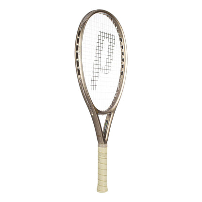 The Prince O3 Legacy 120 2025 Tennis Racket by Prince features a beige frame, white grip handle, a large "P" design in the strings, and an oversized sweetspot. The racket is shown against a plain white background.