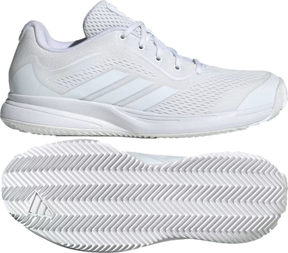 The adidas AvaFlash 2 Women’s Tennis Shoes in Cloud White/Silver Metallic feature a mesh upper, lace-up closure, and a textured herringbone tread sole, shown from side and bottom views.