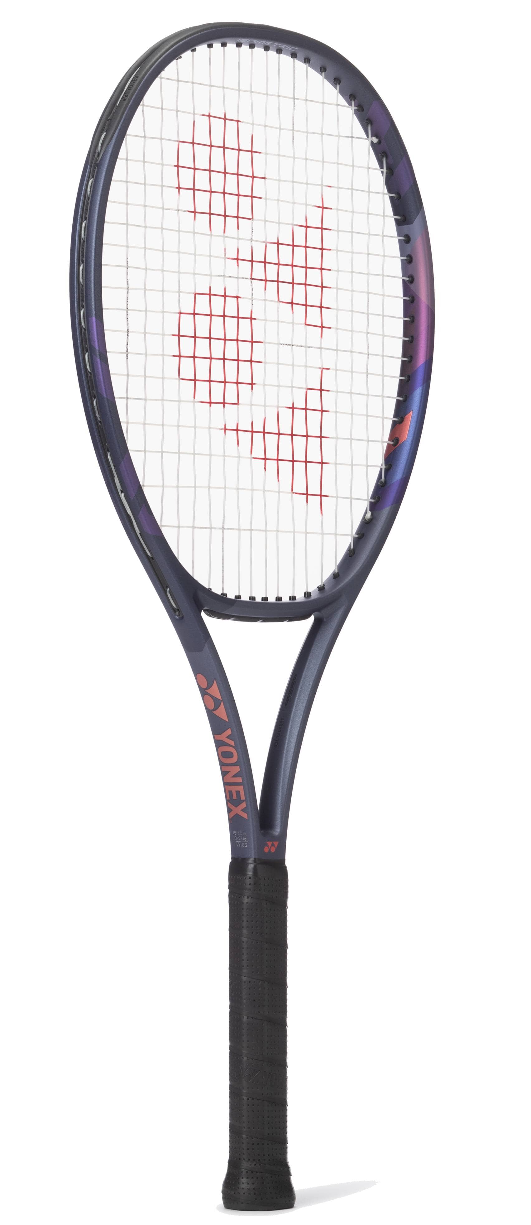 The Yonex Percept 100D Midnight Navy Tennis Racket features a black and purple frame, white string bed with a red logo, and black grip handle, offering power and control. Displayed upright against a plain white background.