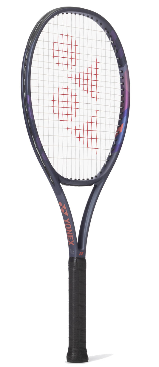 The Yonex Percept 100D Midnight Navy Tennis Racket features a black and purple frame, white string bed with a red logo, and black grip handle, offering power and control. Displayed upright against a plain white background.