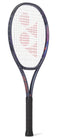 The Yonex Percept 100D Midnight Navy Tennis Racket features a black and purple frame, white string bed with a red logo, and black grip handle, offering power and control. Displayed upright against a plain white background.