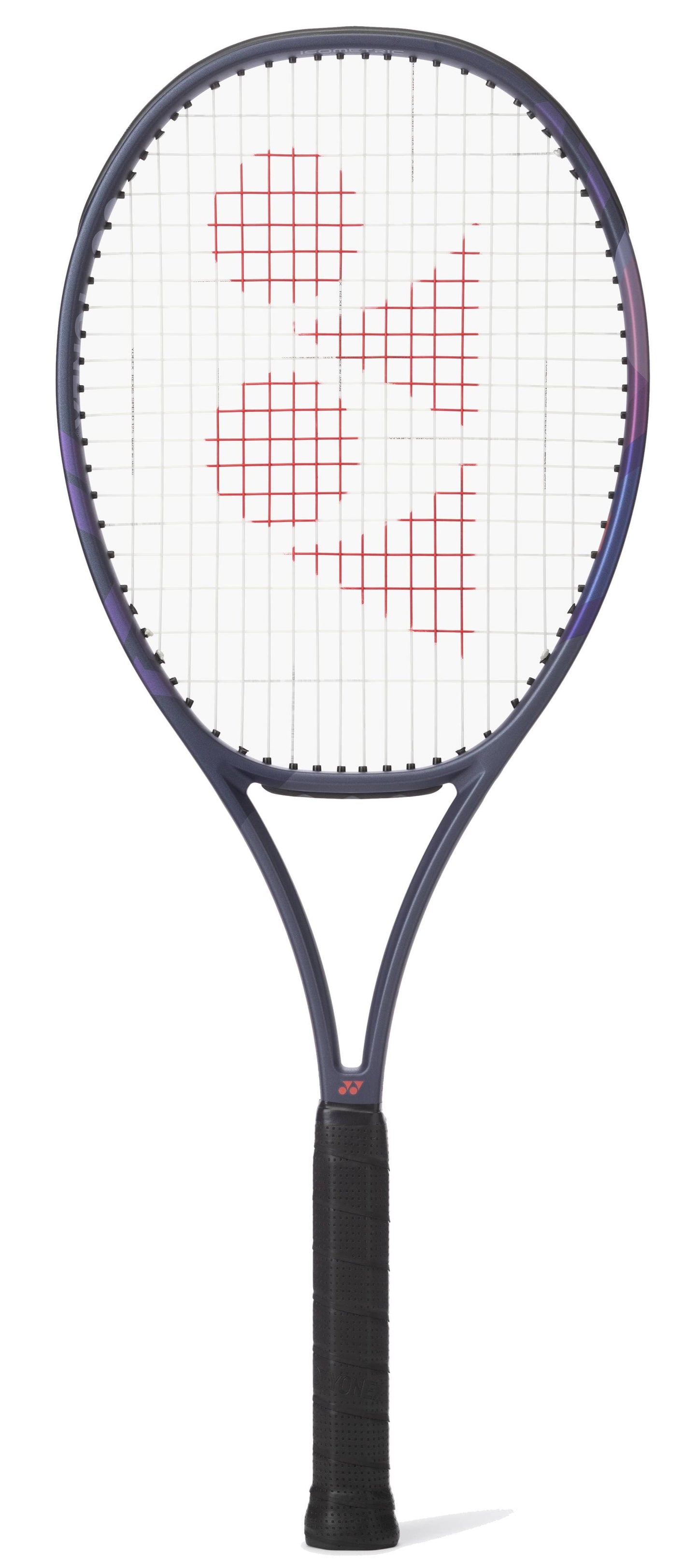 The Yonex Percept 100D Midnight Navy Tennis Racket features a black and purple frame with a white string bed and red logo pattern, designed for optimal power and control, shown against a white background.