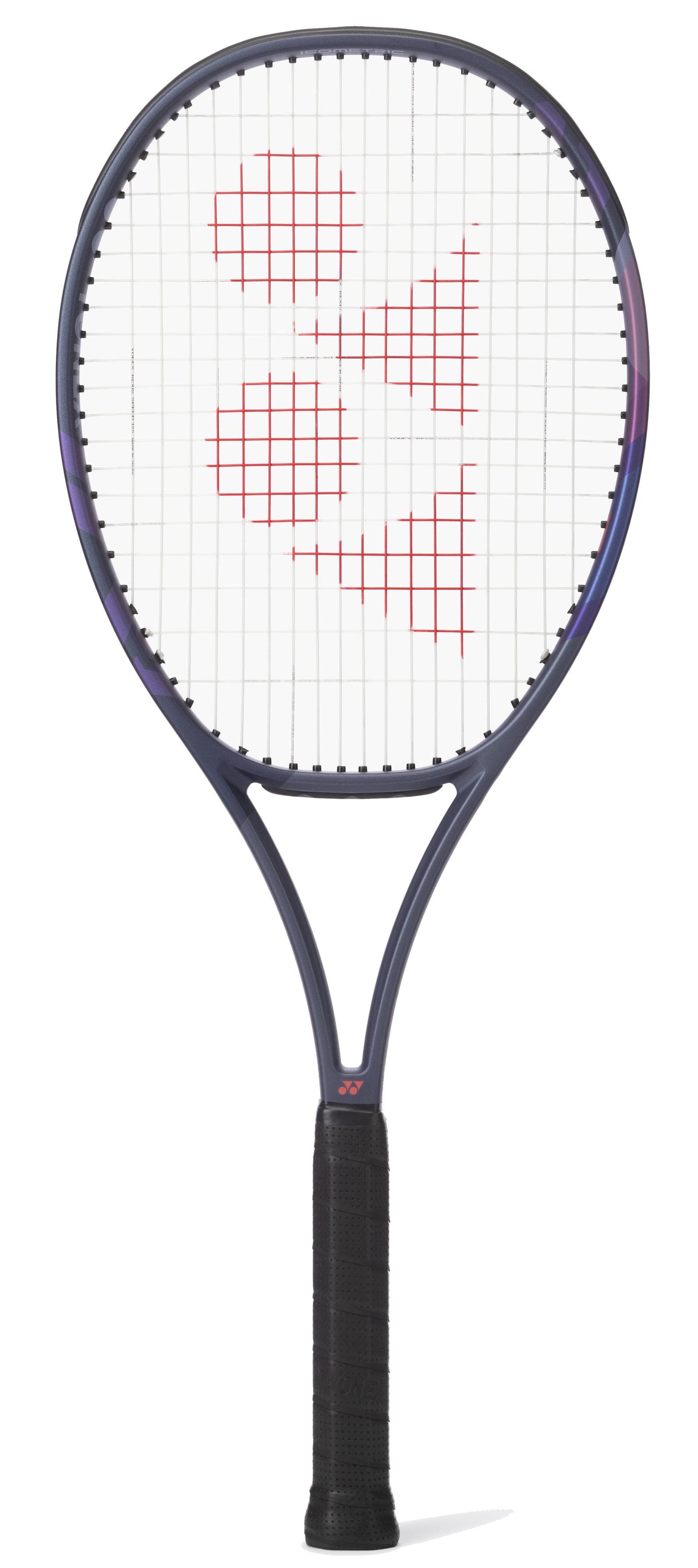 The Yonex Percept 100D Midnight Navy Tennis Racket features a black and purple frame with a white string bed and red logo pattern, designed for optimal power and control, shown against a white background.