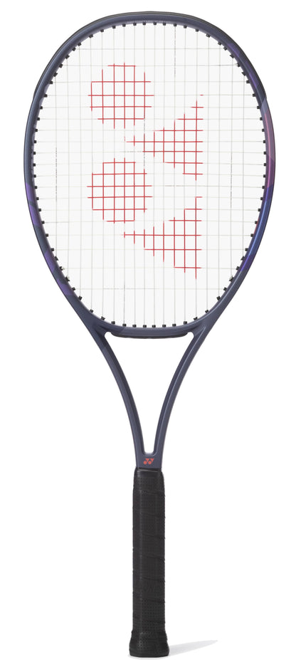 The Yonex Percept 100D Midnight Navy Tennis Racket features a black and purple frame with a white string bed and red logo pattern, designed for optimal power and control, shown against a white background.