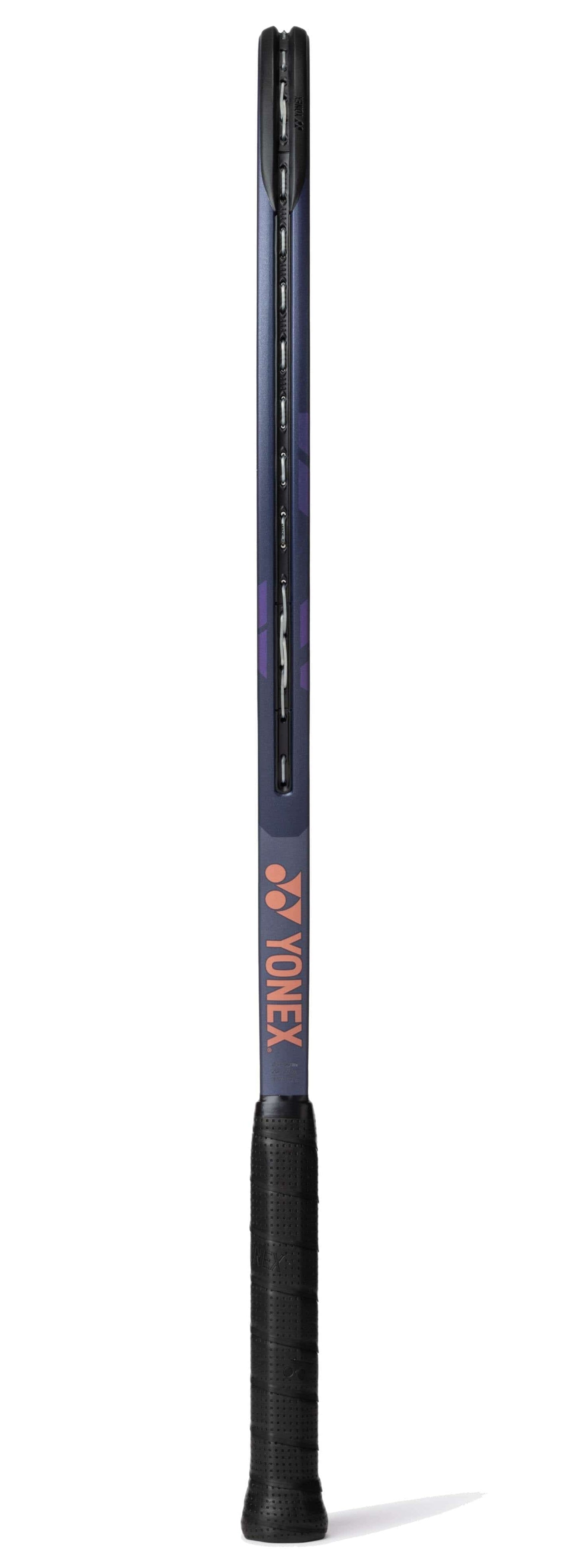 The Yonex Percept 100D Midnight Navy Tennis Racket features a black grip and frame with purple and orange accents, providing power and control, and displays the Yonex logo on the handle.