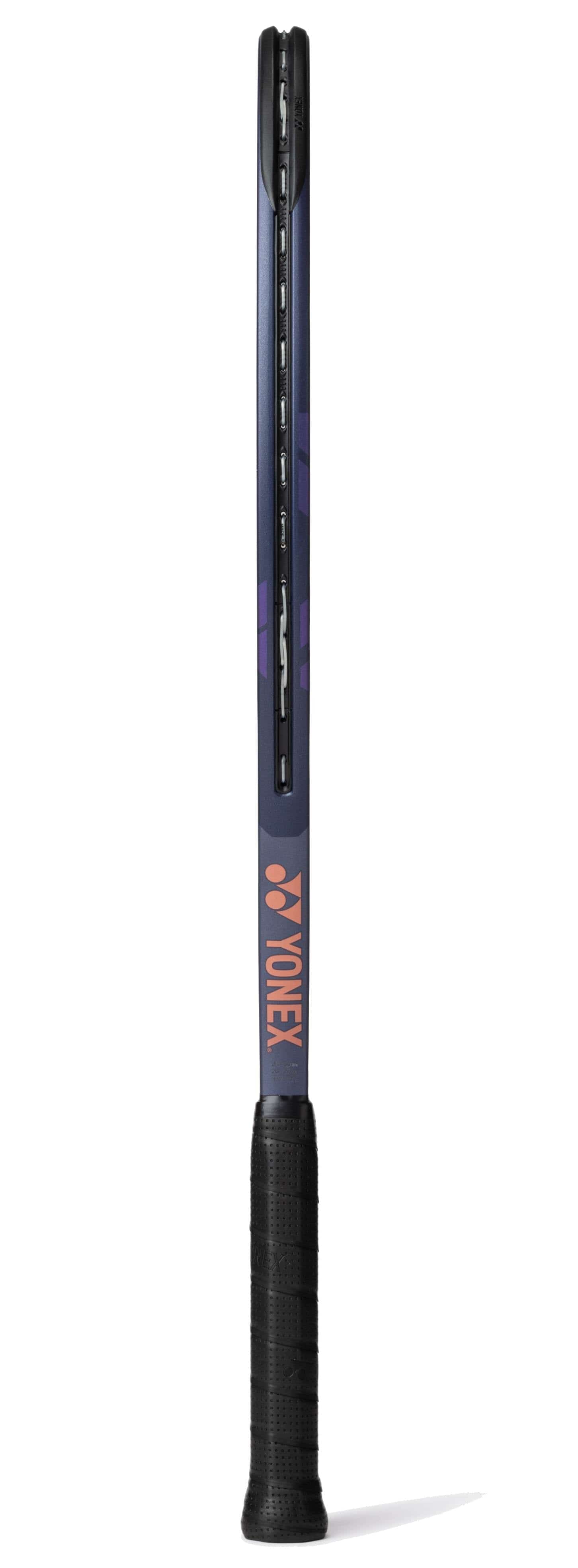 The Yonex Percept 100D Midnight Navy Tennis Racket features a black grip and frame with purple and orange accents, providing power and control, and displays the Yonex logo on the handle.