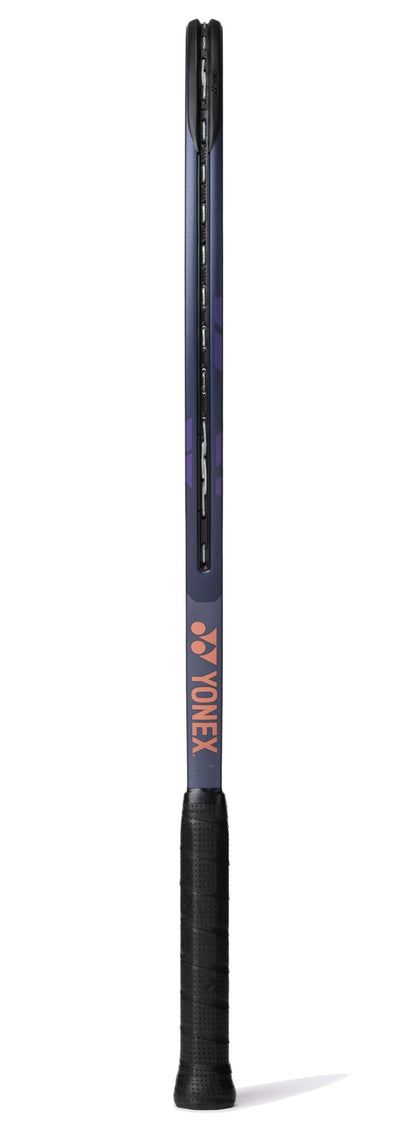 The Yonex Percept 100D Midnight Navy Tennis Racket features a black grip and frame with purple and orange accents, providing power and control, and displays the Yonex logo on the handle.