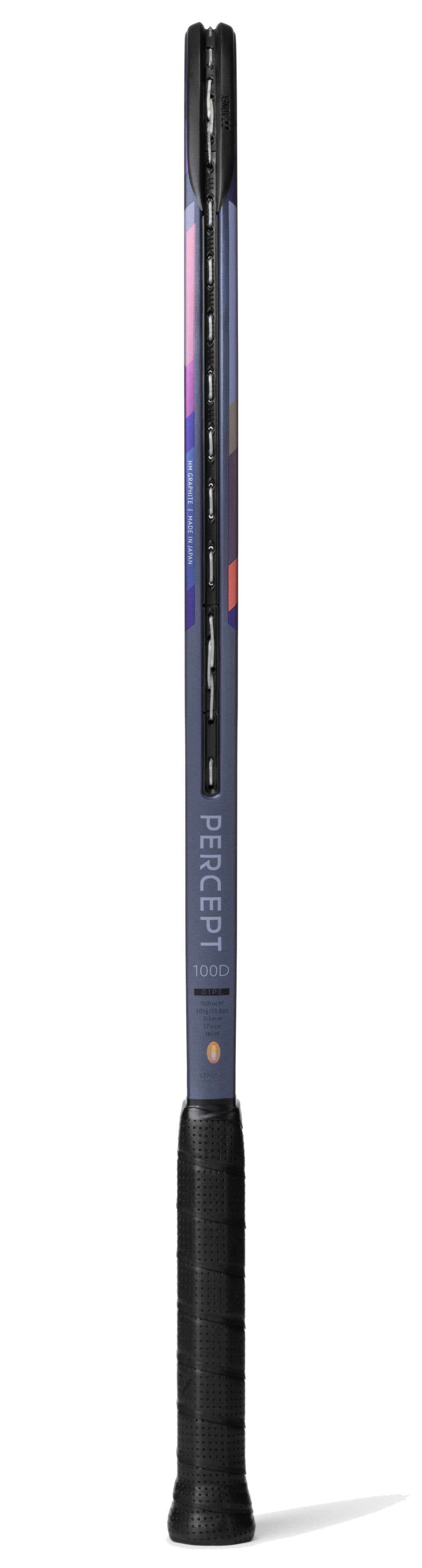 A Yonex Percept 100D Midnight Navy Tennis Racket is shown from the side, highlighting its slim profile with purple and pink accents. "PERCEPT" and "100D" are on the frame, and black grip tape covers the handle.
