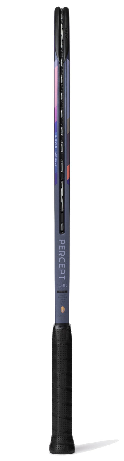 A Yonex Percept 100D Midnight Navy Tennis Racket is shown from the side, highlighting its slim profile with purple and pink accents. "PERCEPT" and "100D" are on the frame, and black grip tape covers the handle.