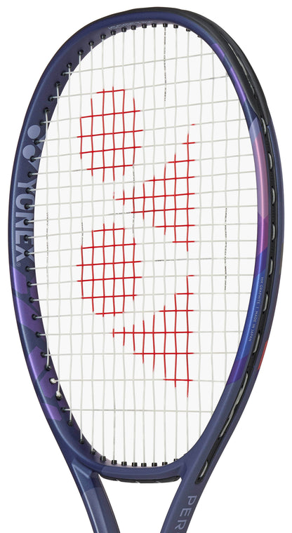 A close-up of the Yonex Percept 100D Midnight Navy Tennis Racket shows its purple and black frame with power-and-control strings featuring a red geometric Yonex logo at the center.