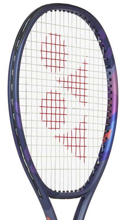 A close-up of the Yonex Percept 100D Midnight Navy Tennis Racket features a blue and purple frame, white strings, and a red geometric logo on the string bed, designed for enhanced power and control.