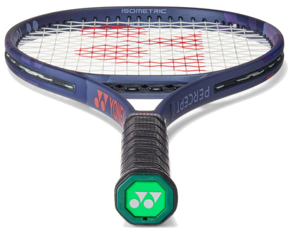 A close-up of the Yonex Percept 100D Midnight Navy Tennis Racket shows its black handle grip and red logo strings—crafted by Yonex for players who want power and control.