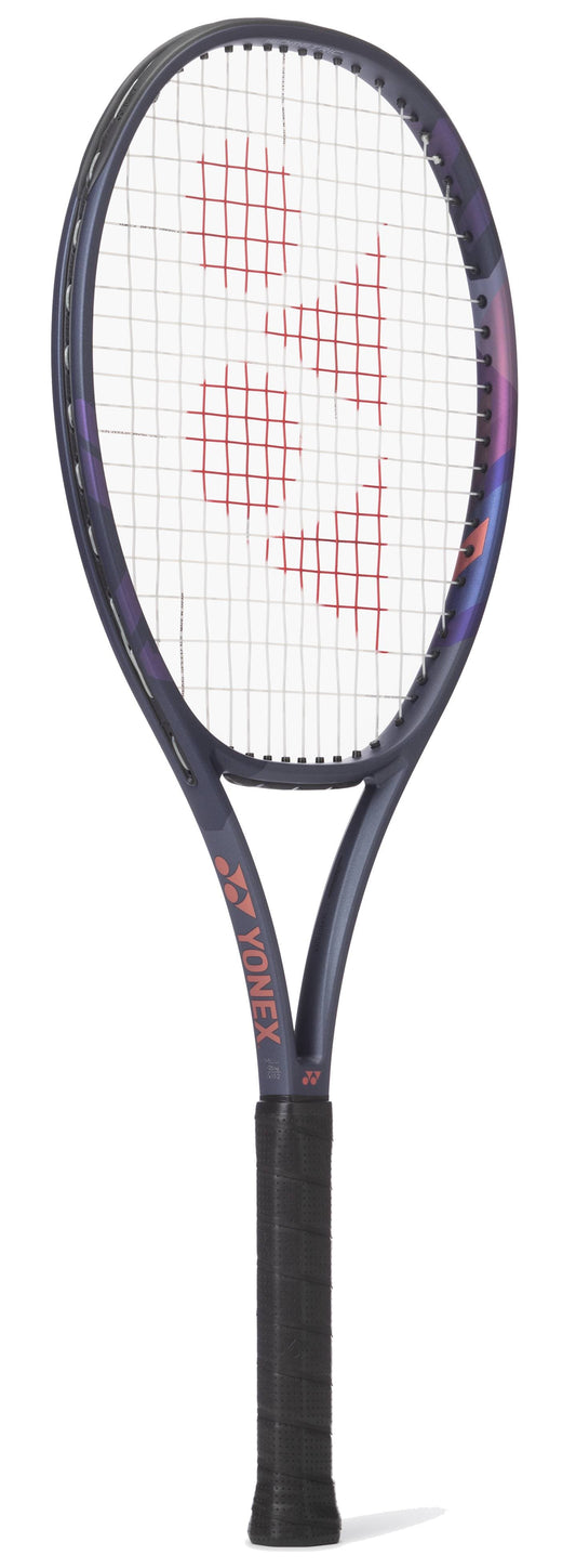 The Yonex Percept 100L Midnight Navy Tennis Racket features a black grip, midnight navy/purple frame, and white strings with a red Yonex logo—perfect for intermediate players seeking performance and style.