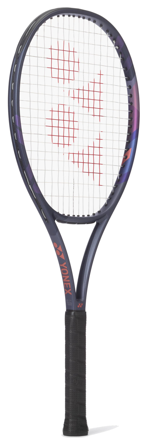 The Yonex Percept 100 Midnight Navy Tennis Racket, featuring a sleek dark frame and black grip with the red Yonex logo, stands upright on a white background—a player-friendly racket perfect for intermediate players.