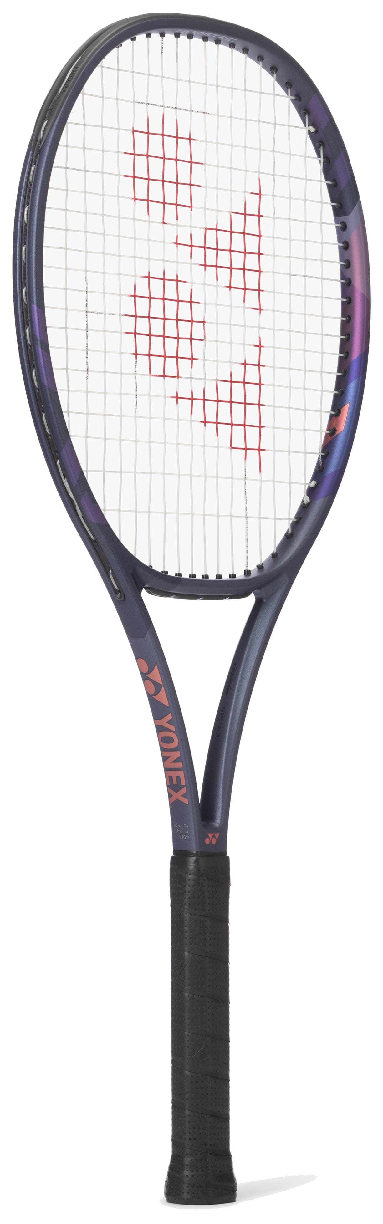 The Yonex Percept 97D Midnight Navy Tennis Racket features a black grip, dark midnight navy frame, and red Yonex logo on a white string bed, photographed against a white background. Ideal for advanced players seeking precision and control.