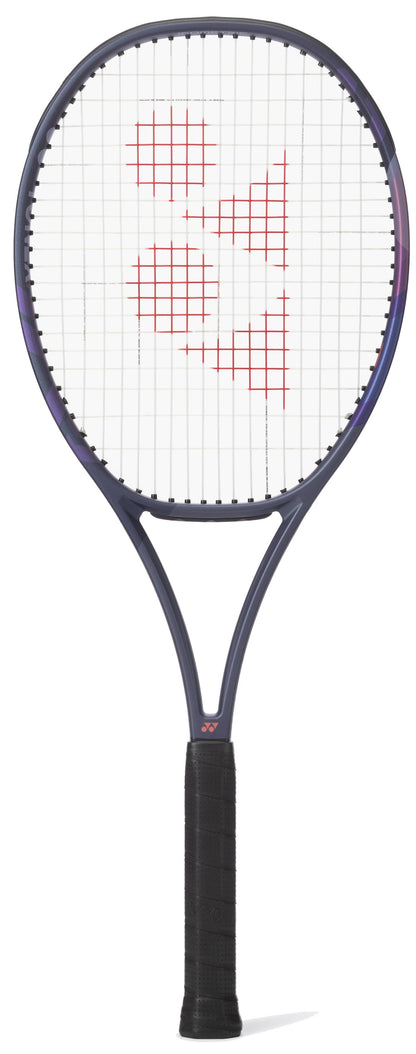 The Yonex Percept 97D Midnight Navy Tennis Racket features a midnight navy and purple design, black grip, white strings, and a bold red geometric logo pattern for control-focused performance.