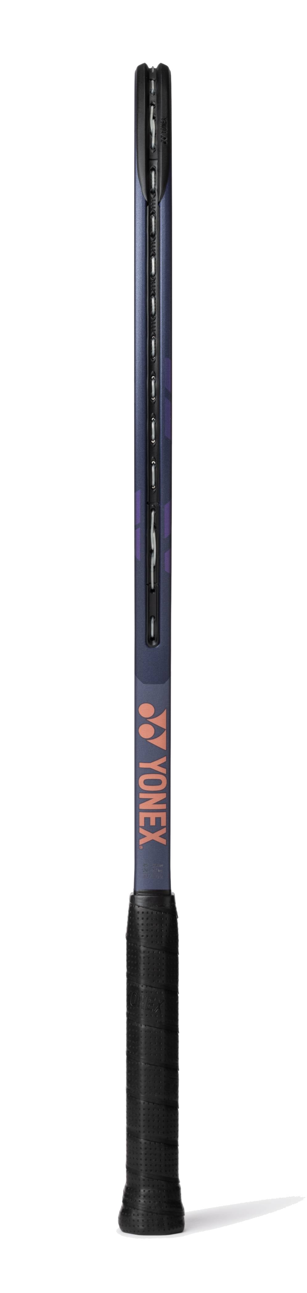 The Yonex Percept 97D Midnight Navy Tennis Racket, designed for advanced players, stands upright with a black handle, midnight navy frame, and an orange Yonex logo on the throat, viewed from the side against a white background.