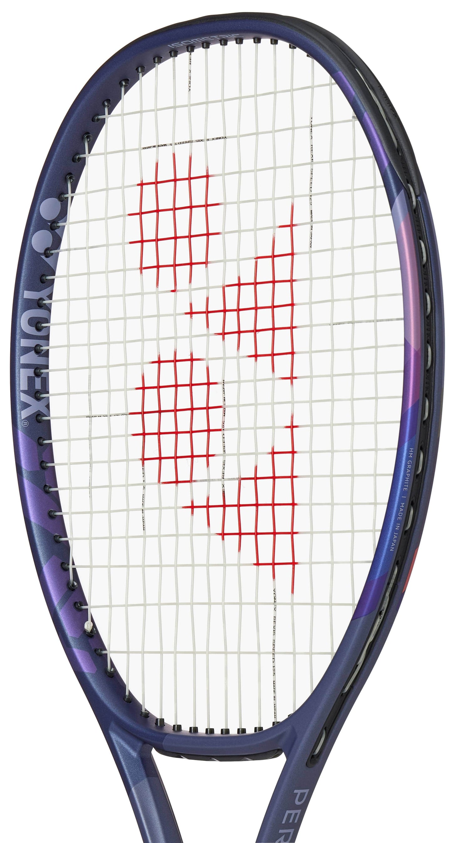 A close-up of the Yonex Percept 97D Midnight Navy Tennis Racket, a control-focused frame in midnight navy and black, featuring red strings forming the Yonex logo on its white string bed.