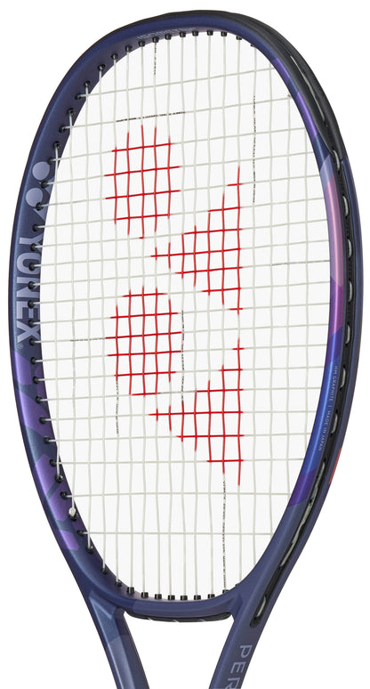 A close-up of the Yonex Percept 97D Midnight Navy Tennis Racket, a control-focused frame in midnight navy and black, featuring red strings forming the Yonex logo on its white string bed.